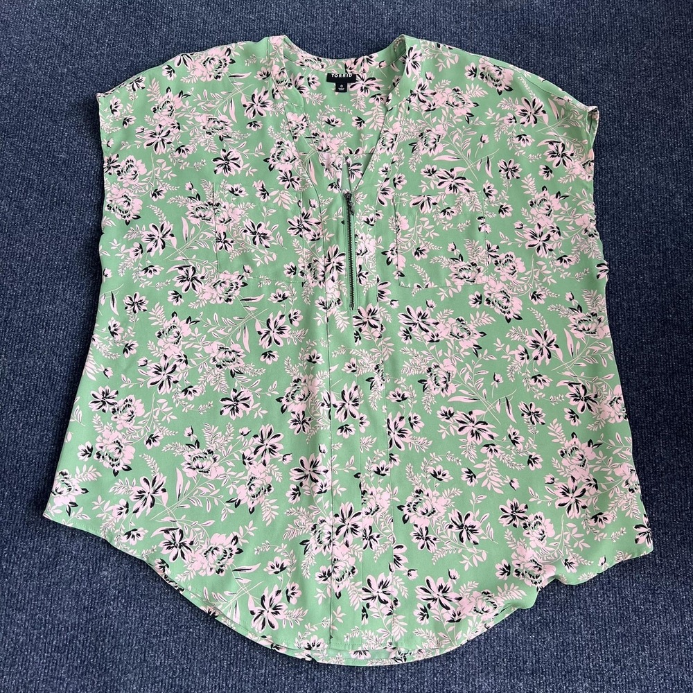 Torrid Blouse Womens 0 Plus Green Floral Zip‎ Front V Neck Cap Sleeve Top